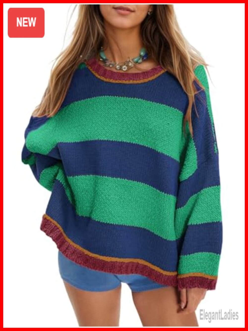 Women's Striped Chunky Knit Sweater Crewneck Fall Pullover